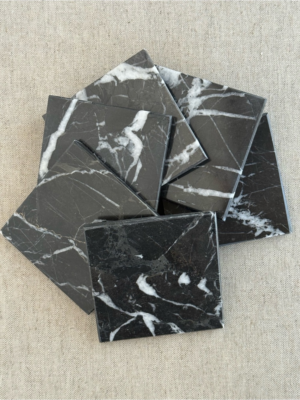 Set of 6 Black Marble Square Coasters Natural Stone Drink Coasters